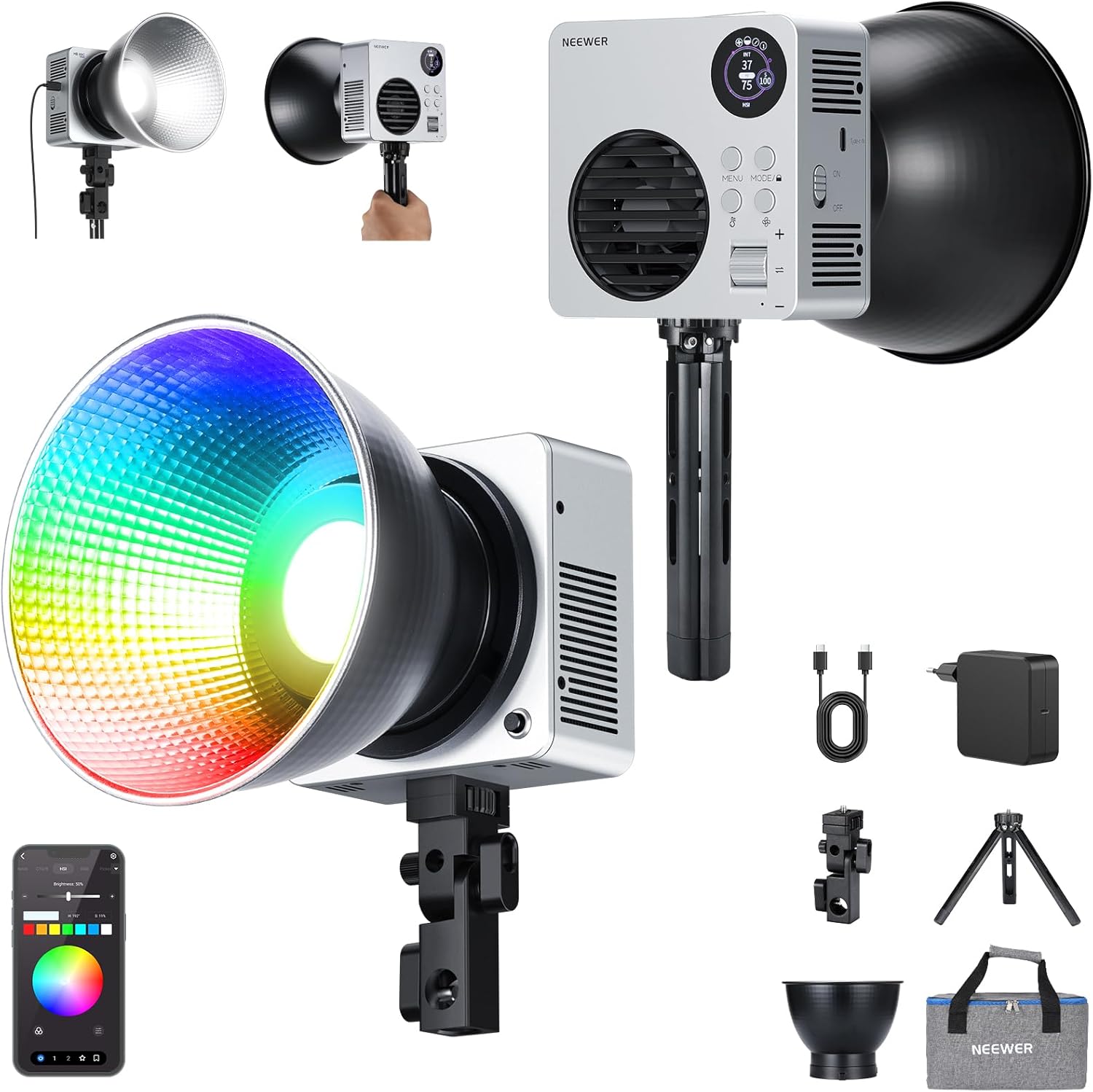 Neewer HB80C 80W RGBWW LED Video Light with Bowens Mount and App Control for Photography and Video Recording