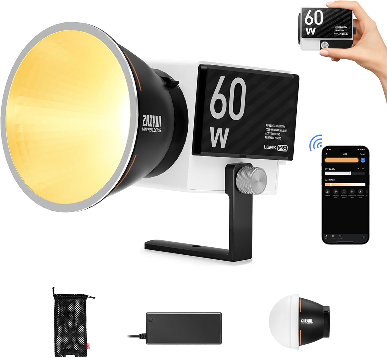 Zhiyun MOLUS G60 60W LED video light with Bluetooth app control, two-tone 2700K–6500K, DC/PD power supply, CRI 96+, TLCI 97+ for photography and studio lighting